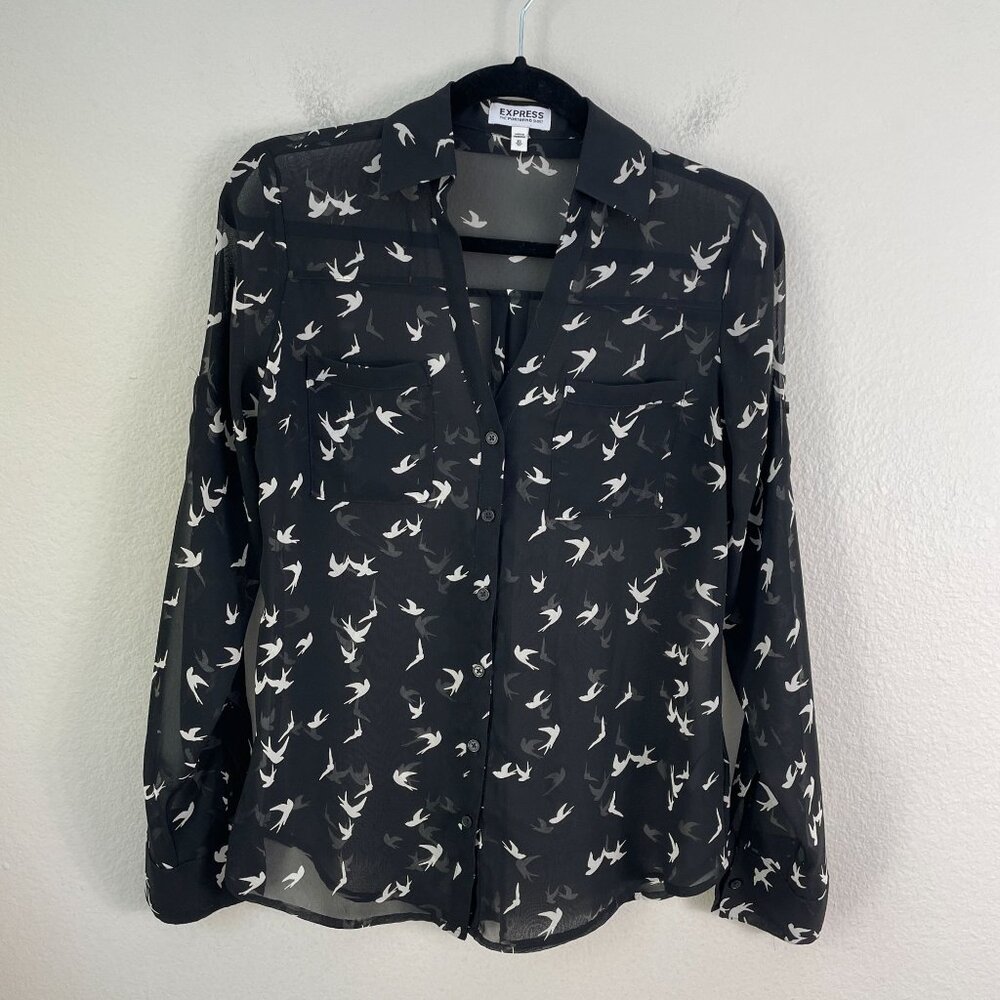 Express Portofino Shirt Womens XS Black Sheer Roll Tab Sleeve Bird Print Blouse